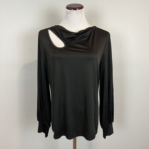 Trina Turk Molise Top Black Long Sleeve Cut Out Drape Neck Blouse Size Large NWT - Picture 2 of 11